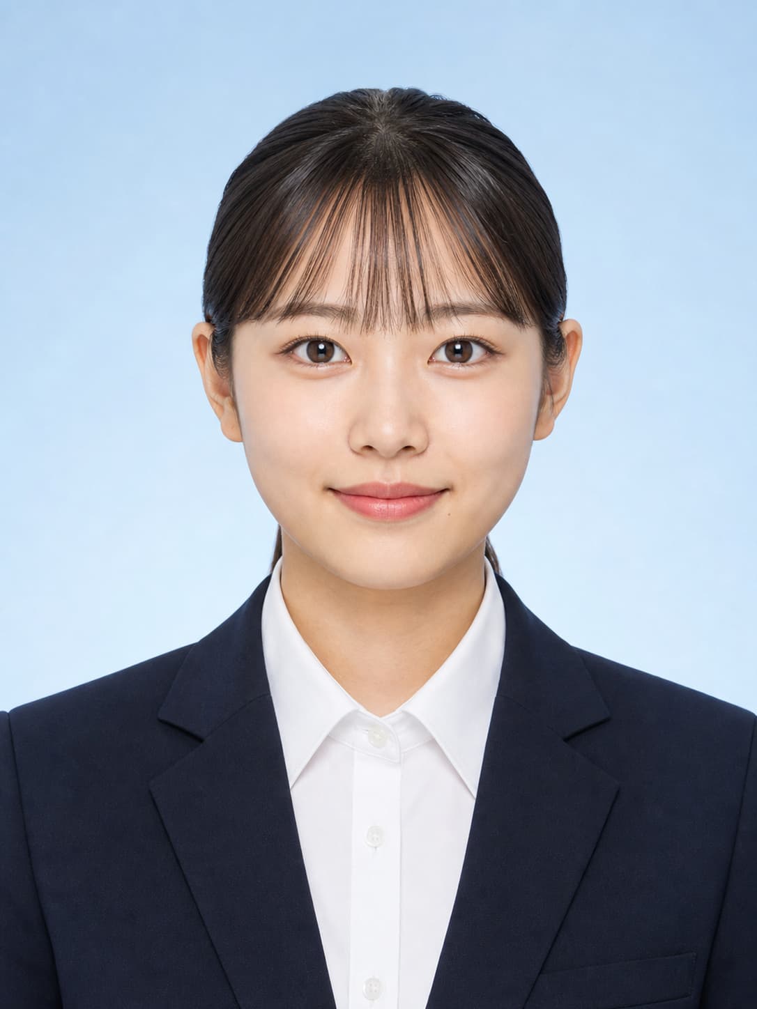 Japanese woman in a navy suit on a light blue background